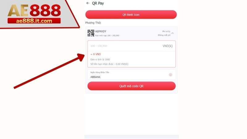 Nhận số tiền cần nạp và nhấn quét mã code QR